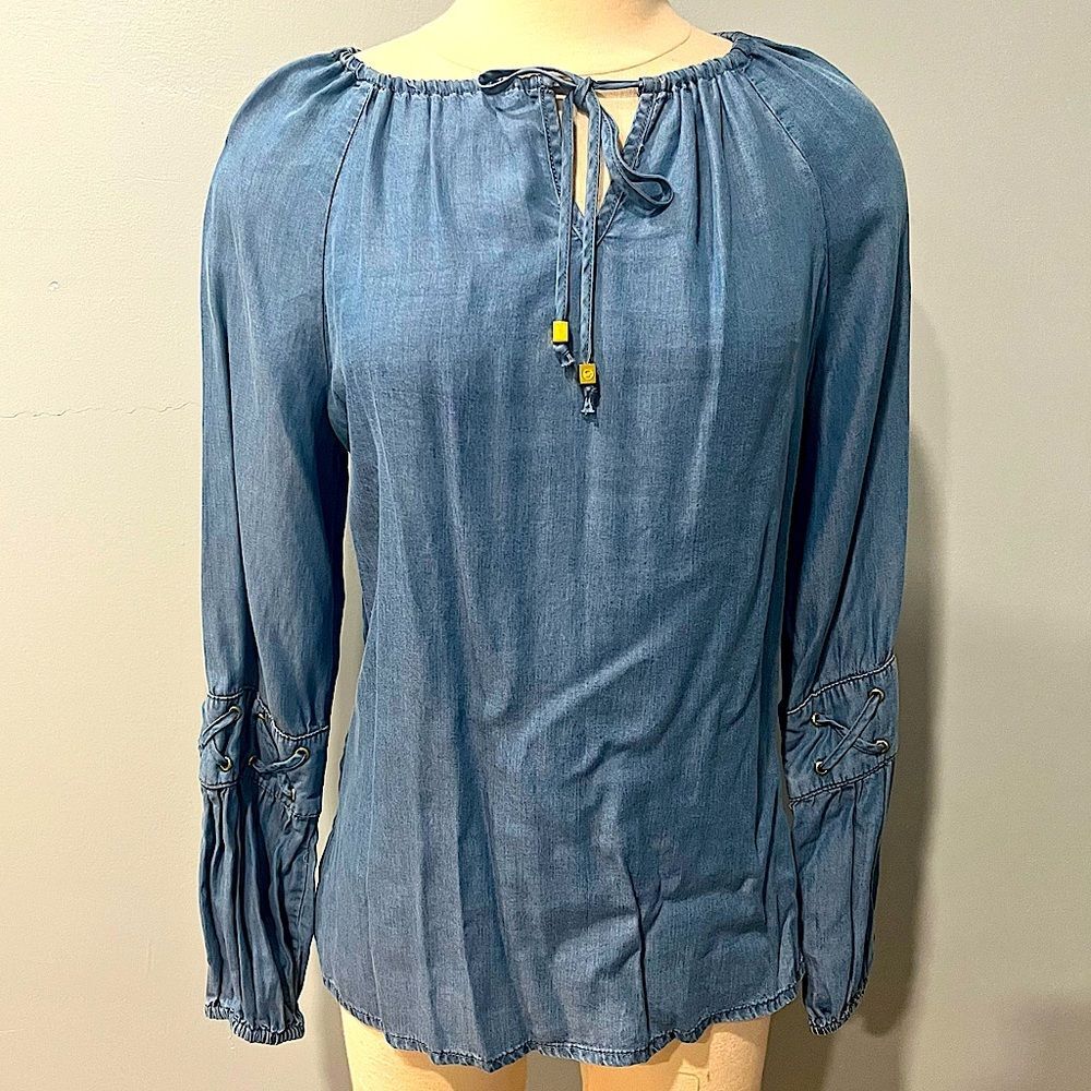 NWT Michael Kors Medium Indigo Blue Denim Puff Sleeve Blouse Size Small